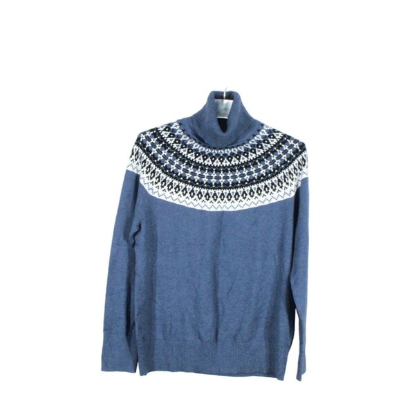LL Bean Cotton Cashmere Sweater Turtleneck Fair Isle Indigo S Pet - Picture 1 of 11